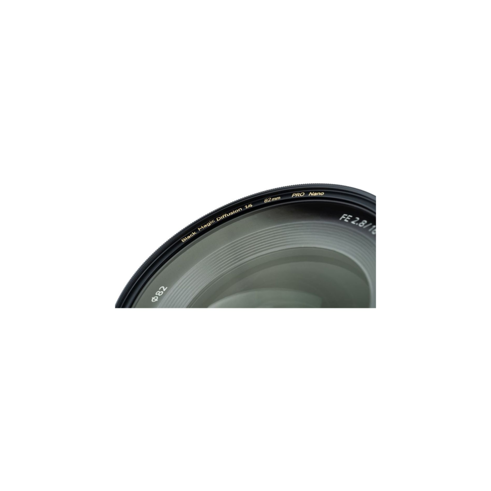 An 82mm lens filter with "Black Magic Diffusion 1/4" text.
