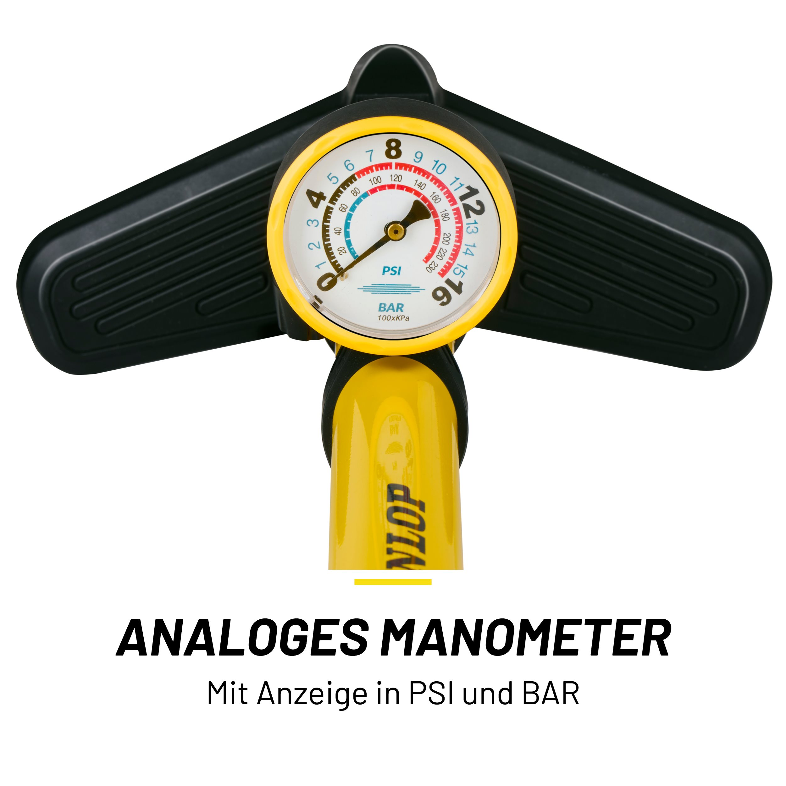 A yellow bike pump handle with an analog gauge displaying PSI and BAR.