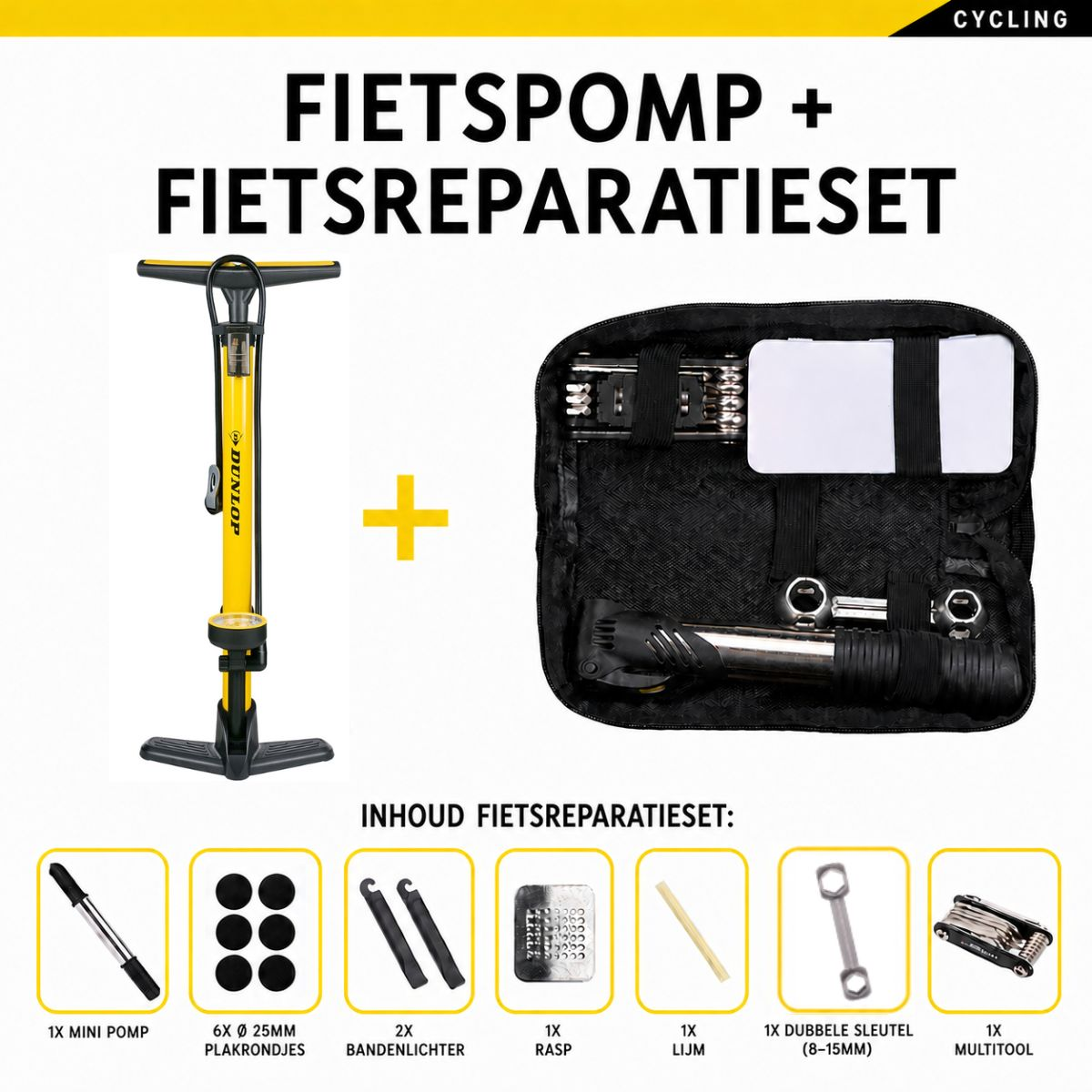 Yellow bicycle pump and a repair kit in a bag with tools.
