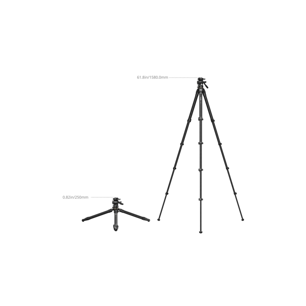 Two black tripods shown. One is fully extended, the other is collapsed.
