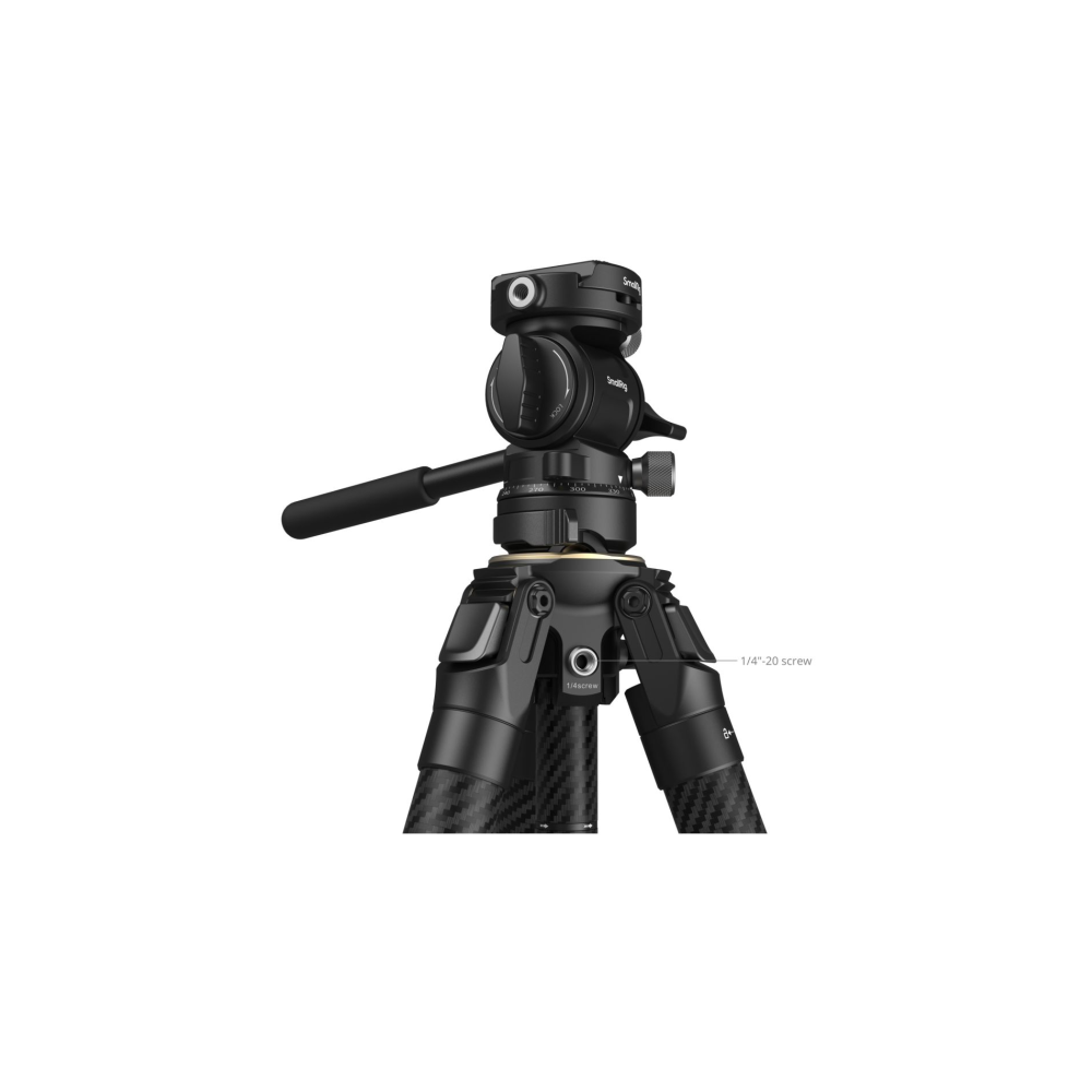 A black tripod with carbon fiber legs and a ball head. It features a 1/4"-20 screw.