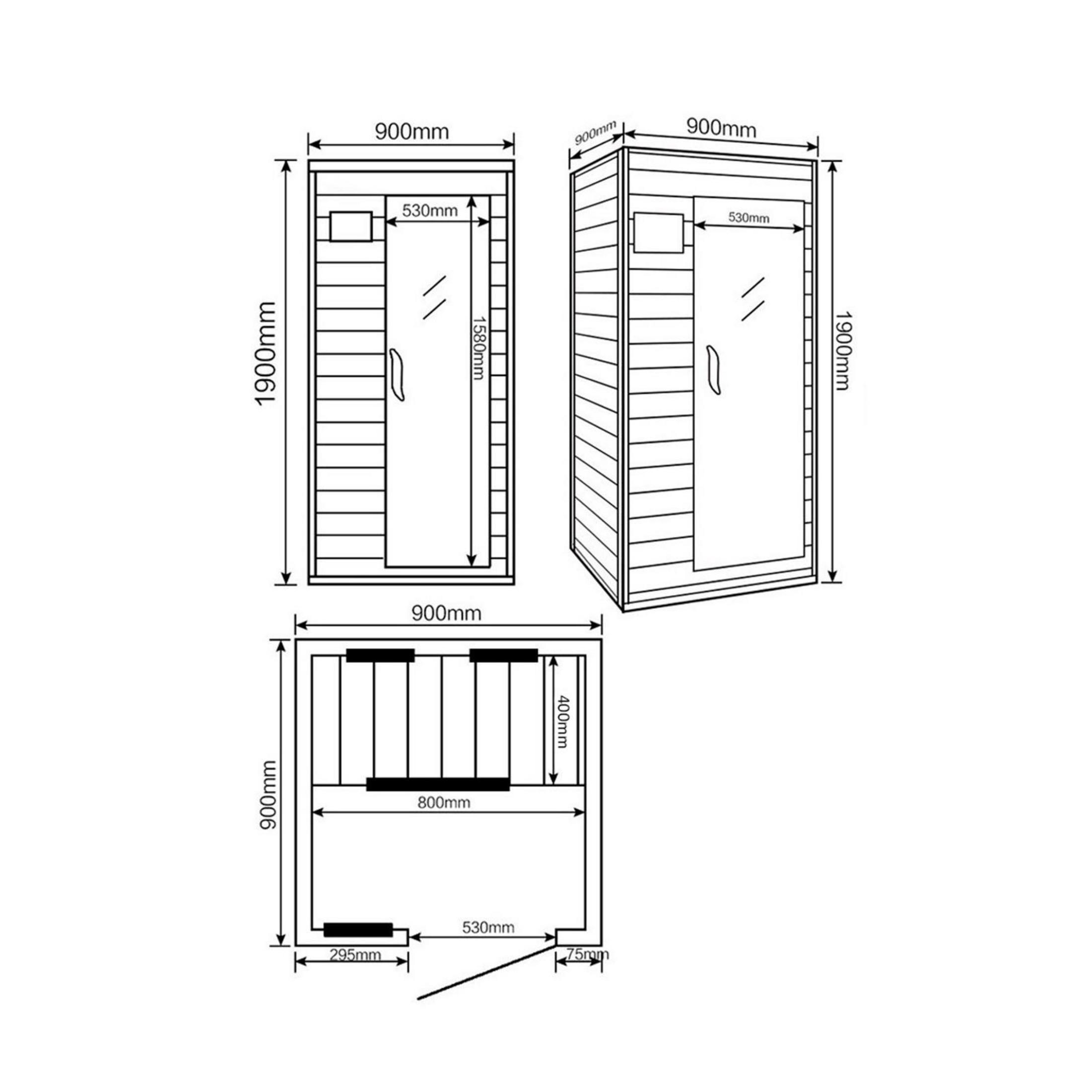 Technische Zeichnung einer 900x900x1900mm Duschkabine mit Maßen.