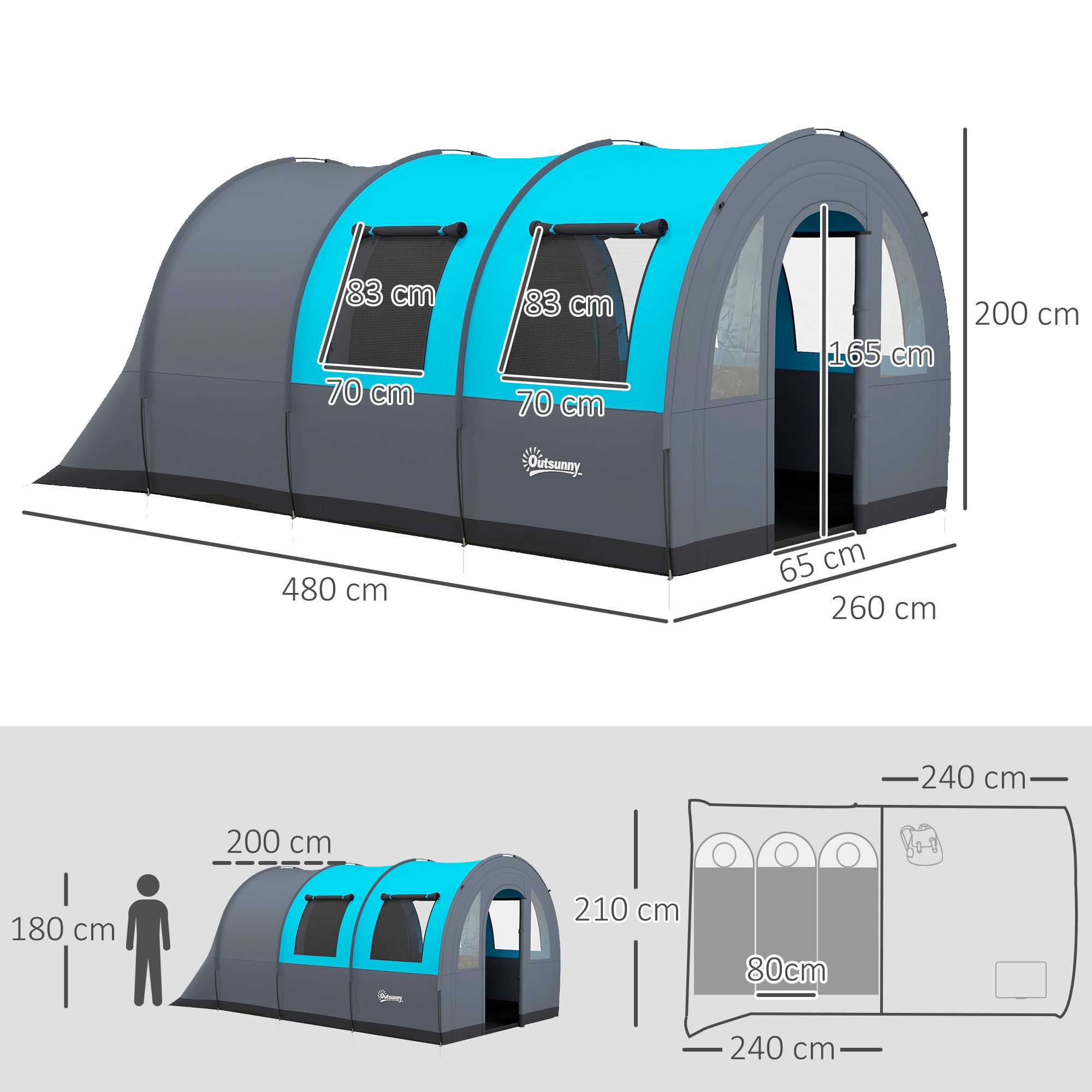 Una carpa azul y gris con dimensiones, ventanas y una puerta. Incluye una vista esquemática.