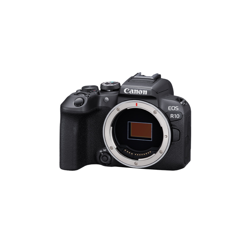 Black Canon EOS R10 camera with lens mount, on a white background.