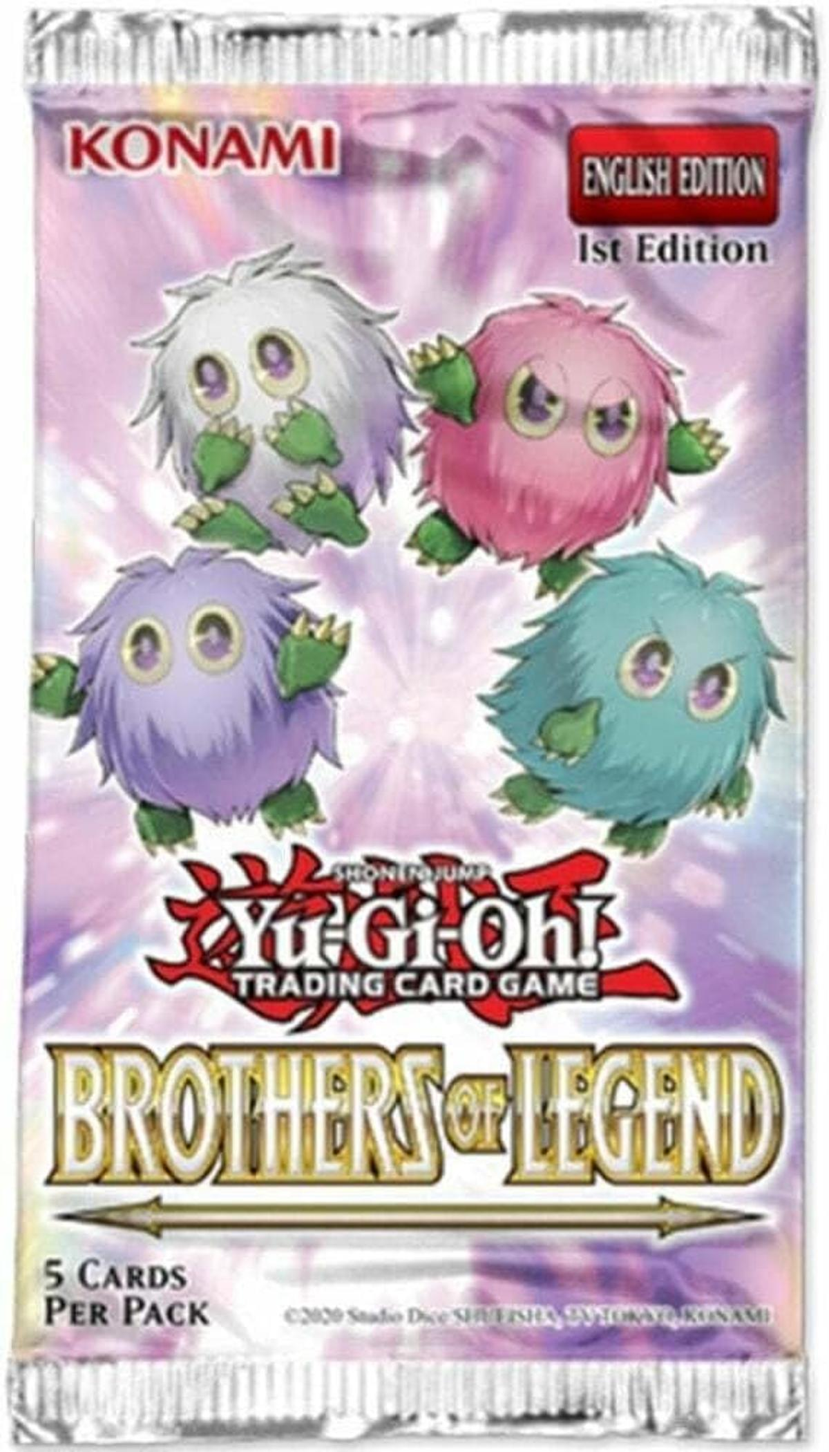 Yu-Gi-Oh! Kartenpack: Brothers of Legend. Vier pelzige Monster in Lila, Rosa, Blau und Weiß.