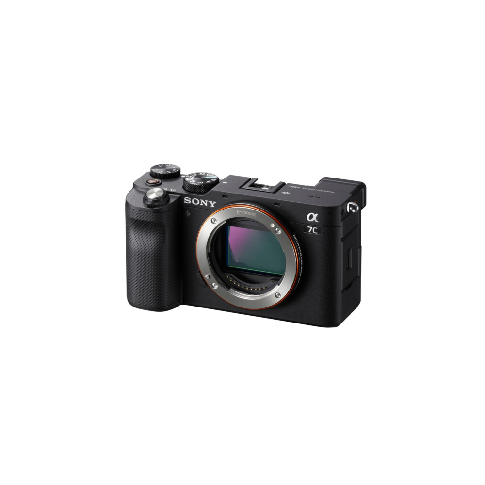 Zwarte Sony Alpha 7C camera met E-mount en zichtbare sensor.