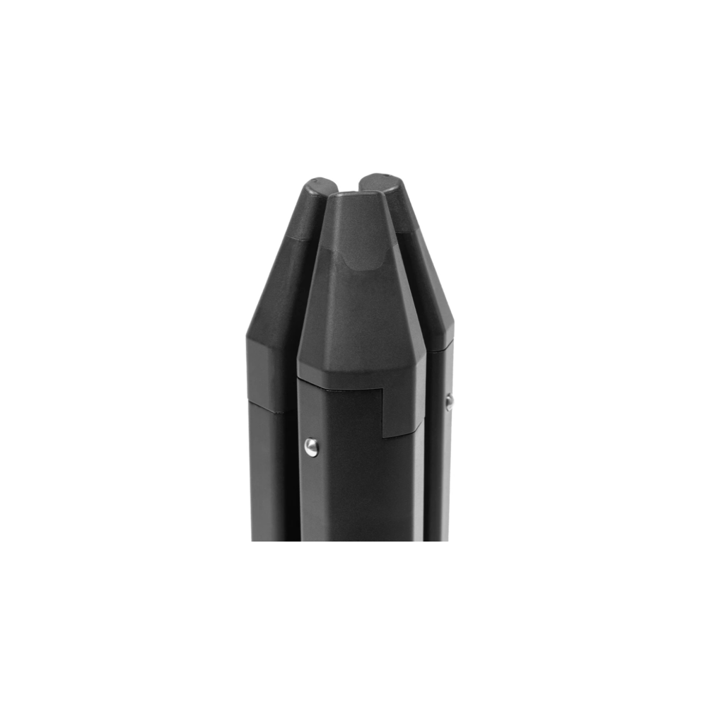 Three black, polygonal poles meet at the top against a white background.