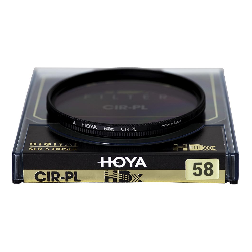 Hoya 58mm CIR-PL HDX filter in verpakking. Tekst: DIGITAL SLR & HDSLR, Made in Japan.