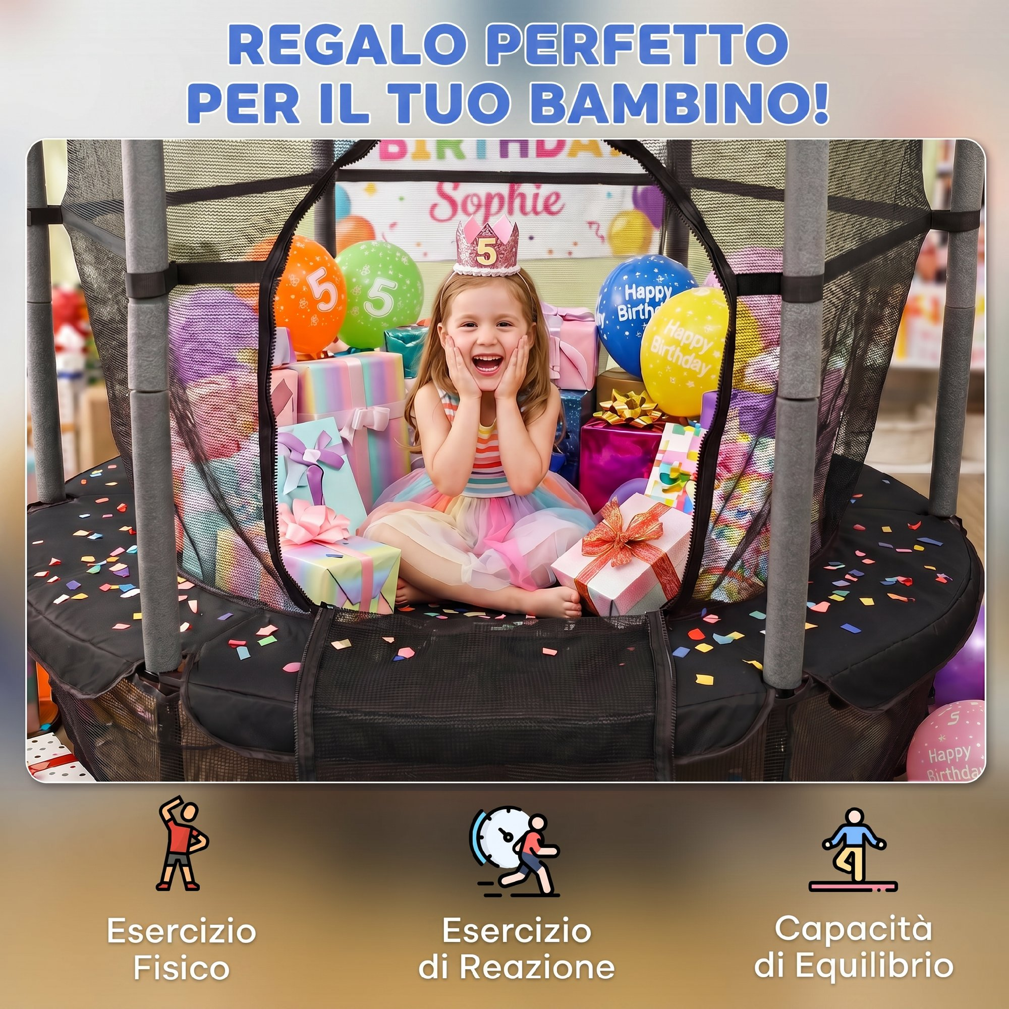 Una bambina festeggia il compleanno tra regali e palloncini su un trampolino.