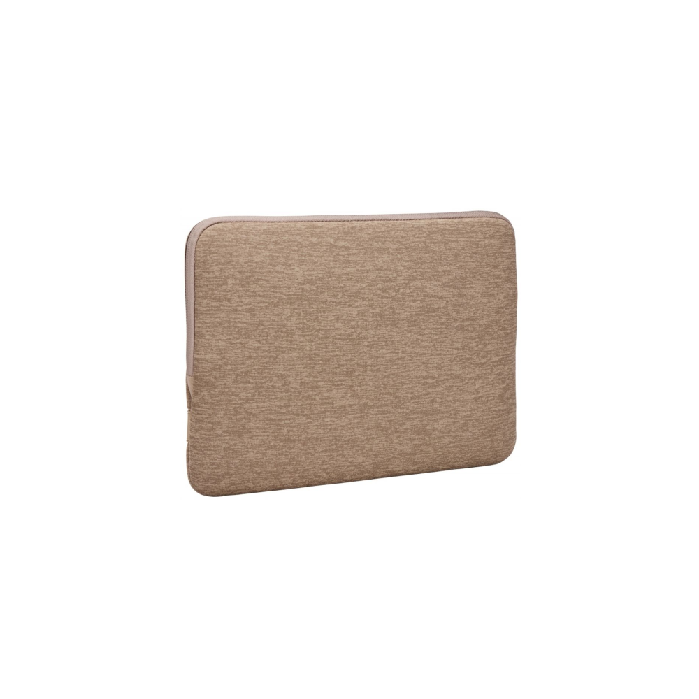 A beige laptop sleeve with a zipper, isolated on a white background.
