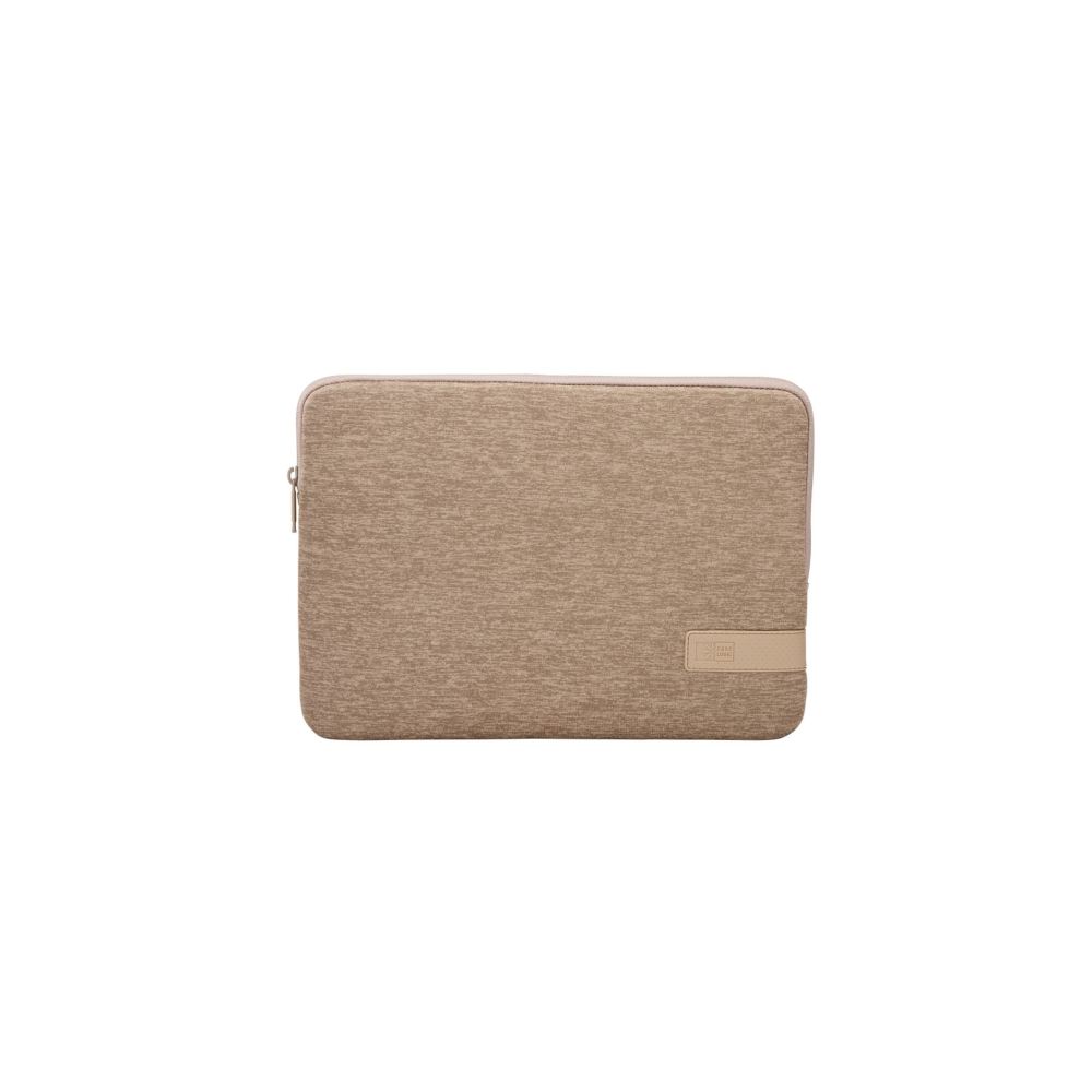 A beige laptop sleeve with a zipper and a logo patch.