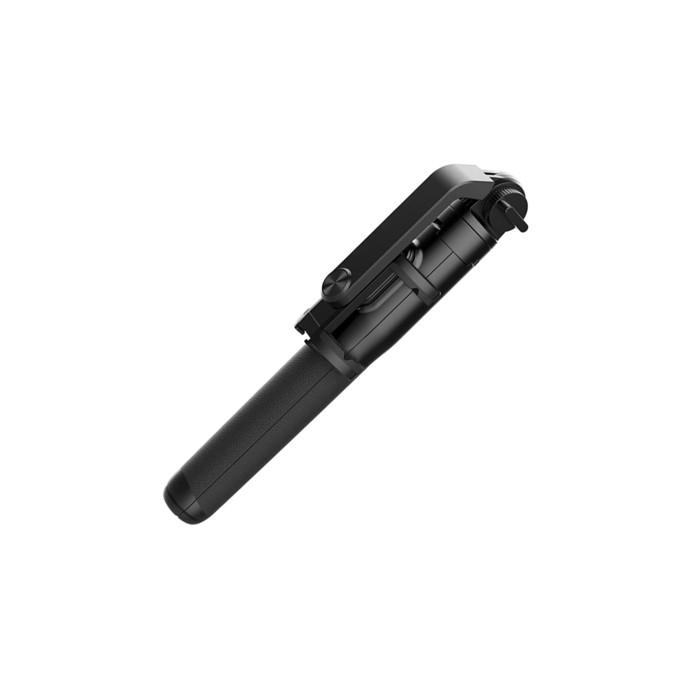 Perche à selfie noire et extensible avec poignée et support pince.