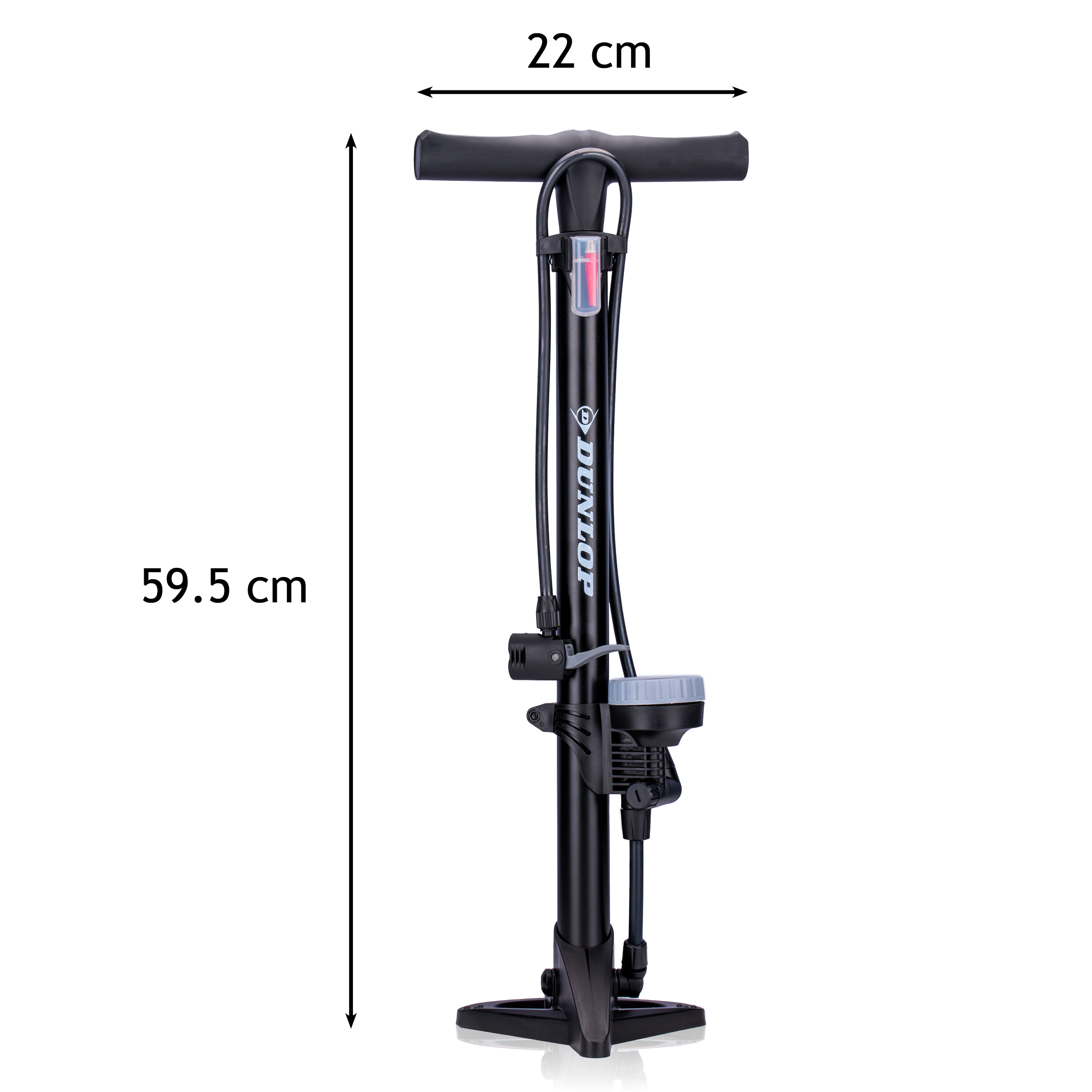 Black Dunlop bicycle pump, 59.5 cm tall, 22 cm wide.