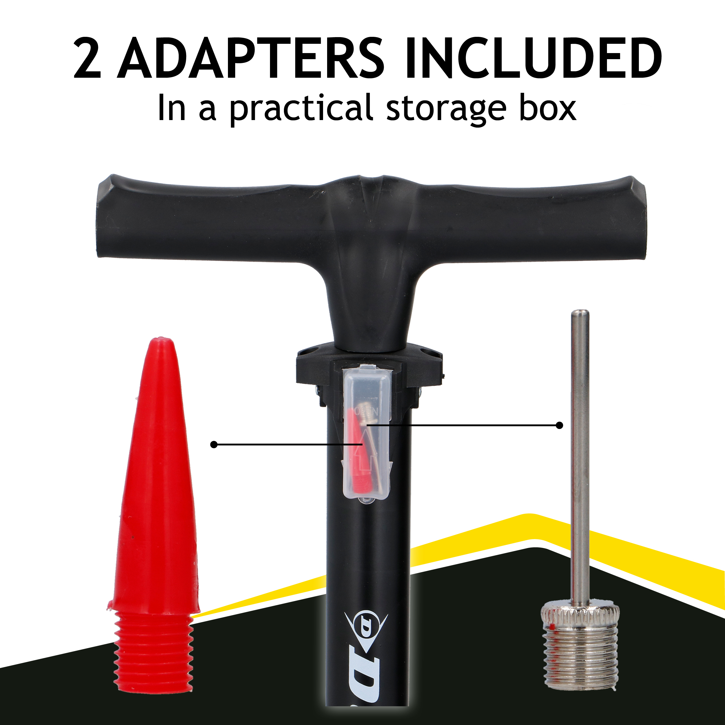 Black pump handle with red and silver adapters on a white background.