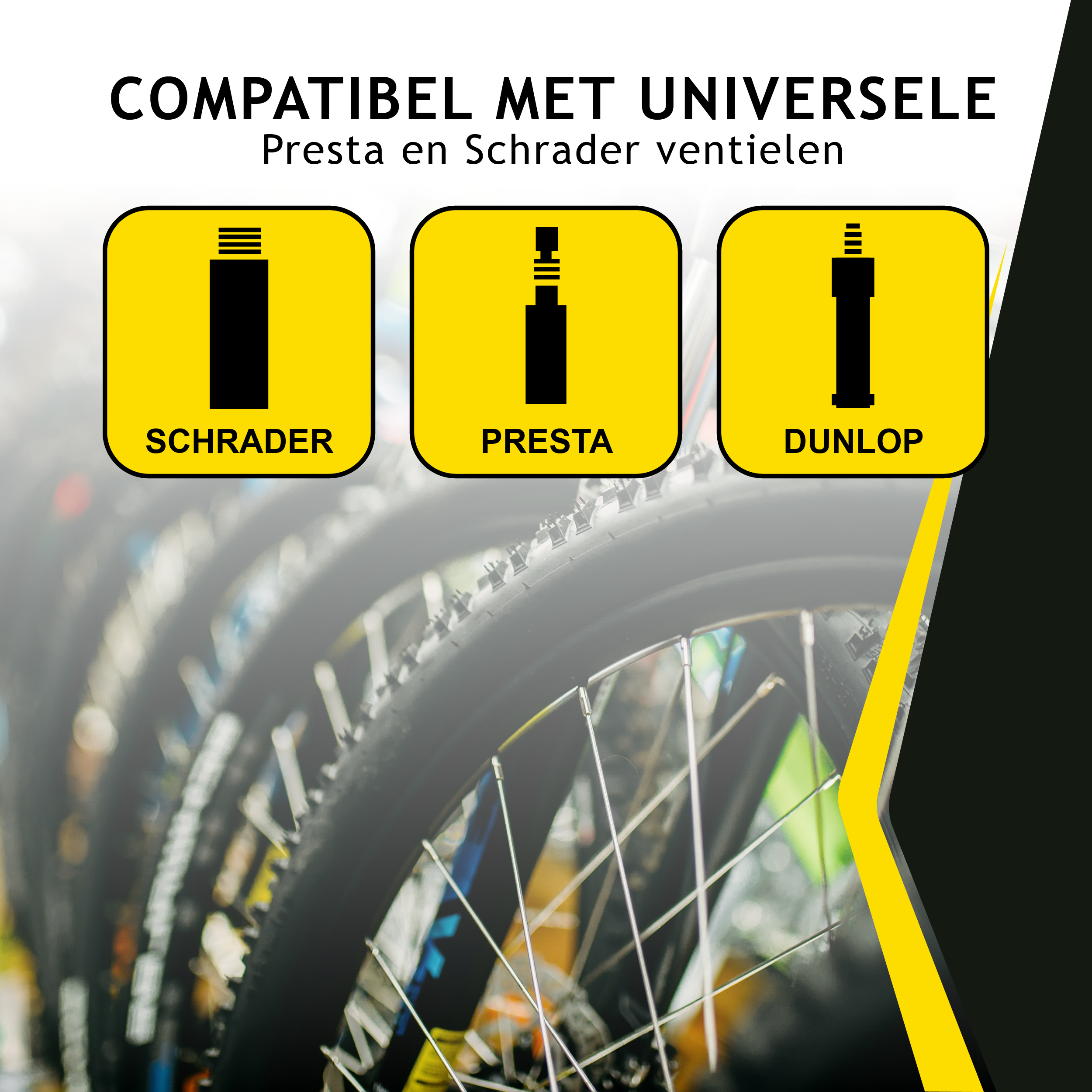 Three yellow icons show bike valves: Schrader, Presta, Dunlop.