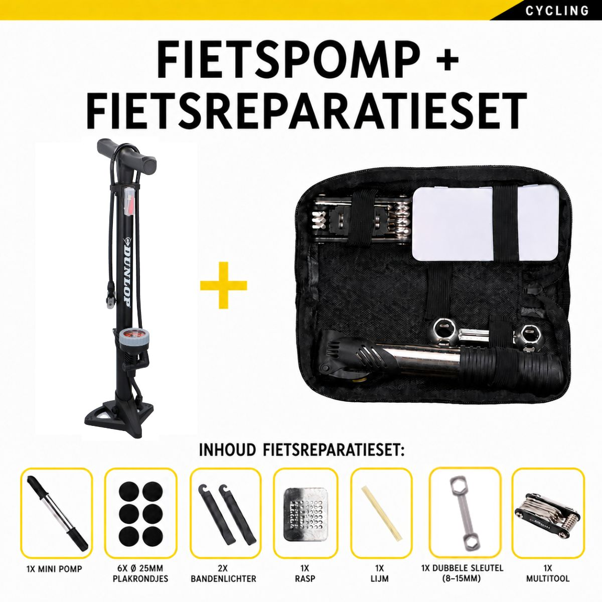 A Dunlop bicycle pump and repair kit are displayed with various tools.