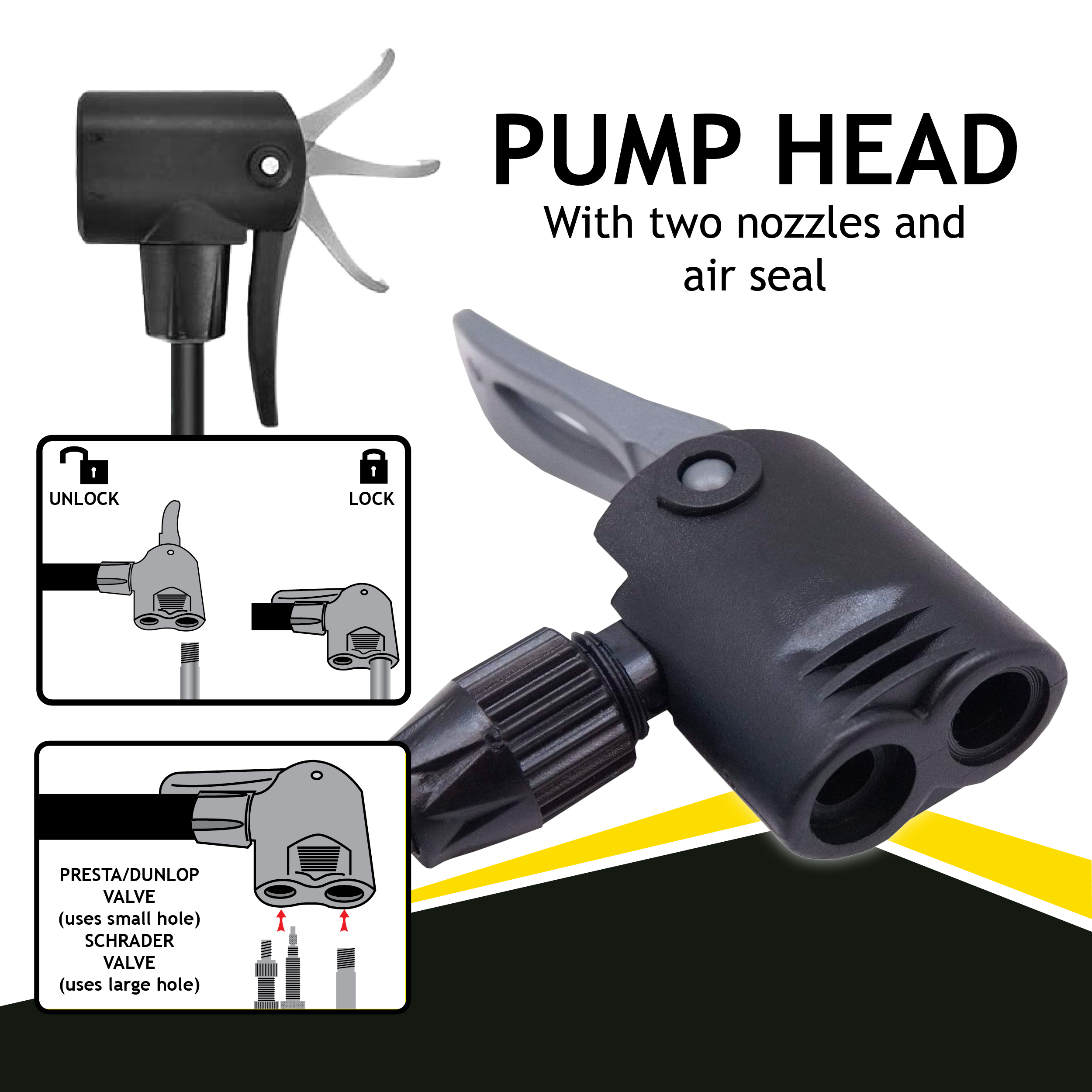 Black pump head with two nozzles and air seal for Presta/Dunlop and Schrader valves.