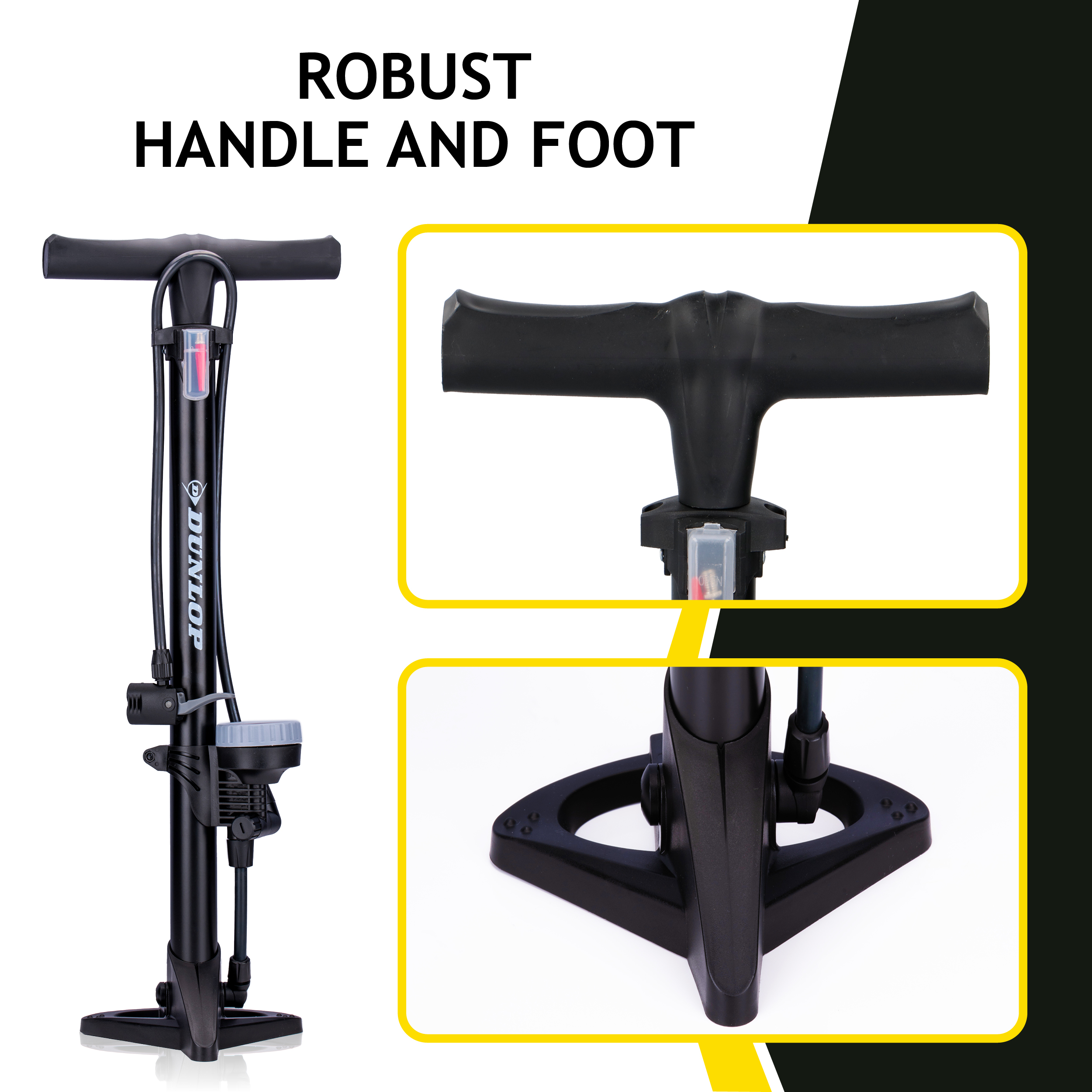 Black bicycle pump with T-handle and foot pedal, close-up view.