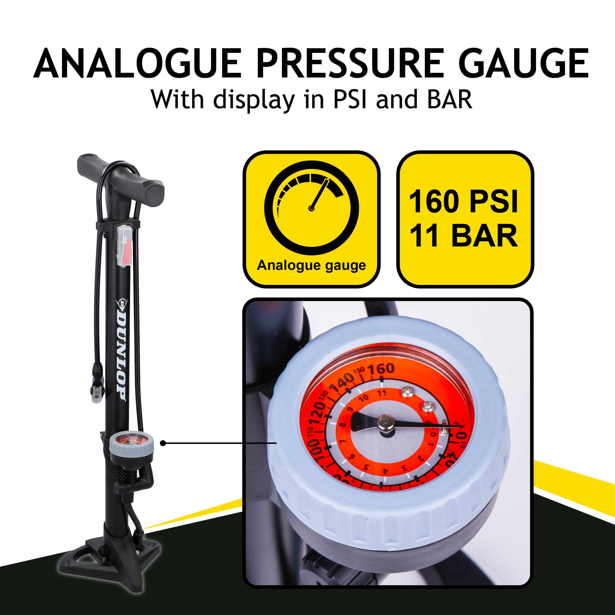 Black bicycle pump with an analogue pressure gauge displaying 160 PSI/11 BAR.