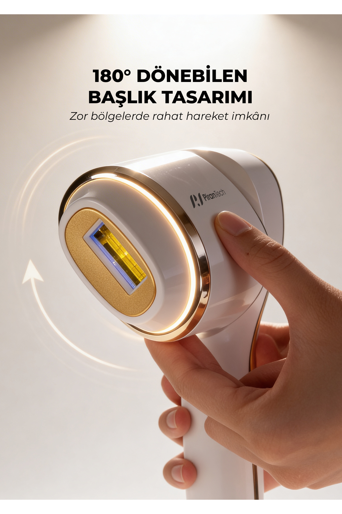 Bir el, dönebilen başlıklı beyaz ve altın rengi epilasyon cihazı tutuyor.