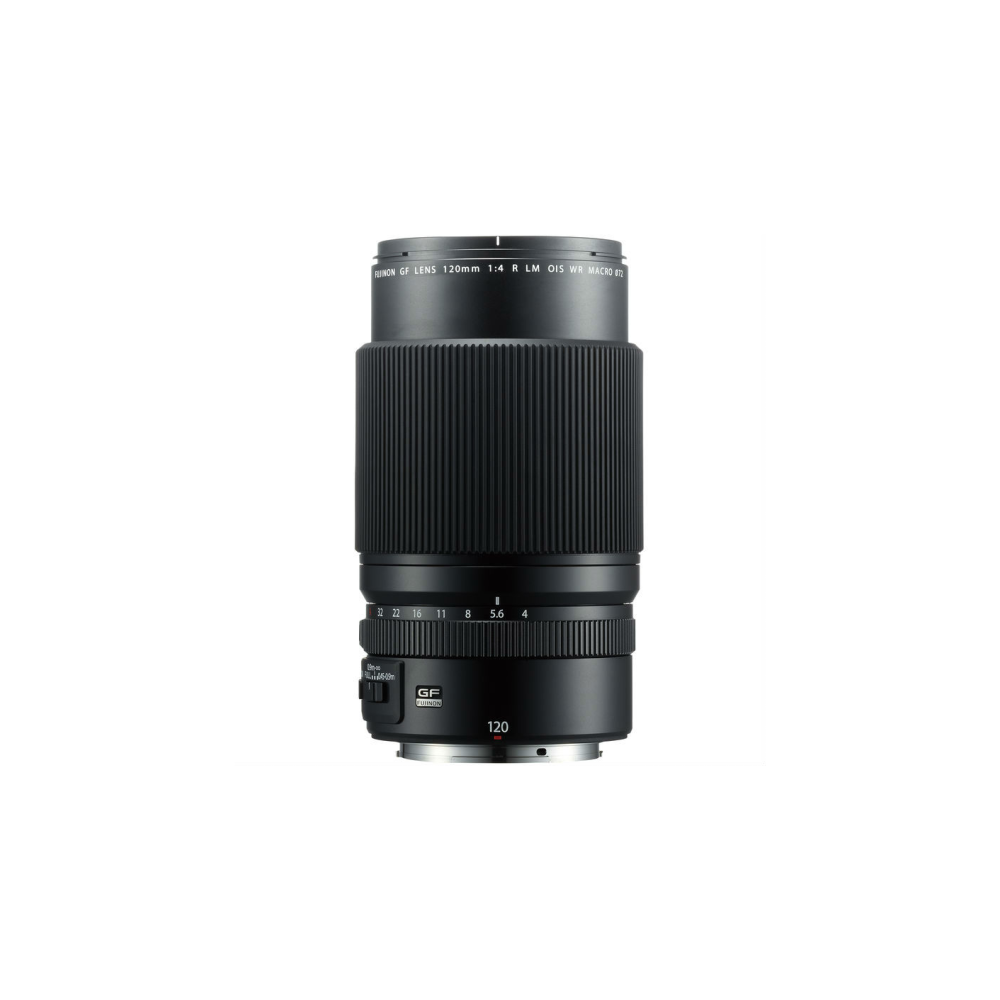 A black Fujifilm GF 120mm macro lens with aperture ring and focus controls.