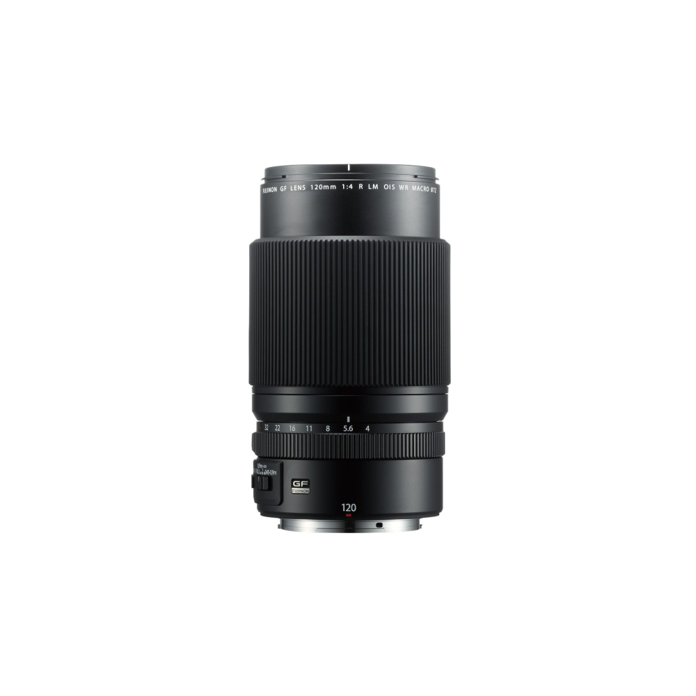 Black Fujifilm GF 120mm f/4 Macro lens with ribbed grip and aperture markings.