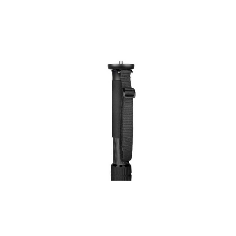 A black camera strap with buckle on a tripod handle with screw mount.