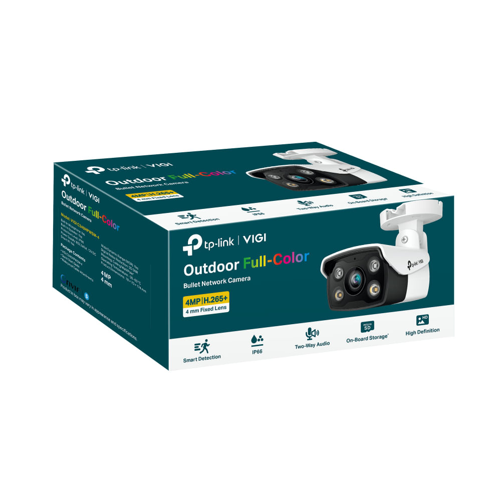 Pudełko kamery sieciowej TP-Link VIGI Outdoor Full-Color z obrazem kamery.