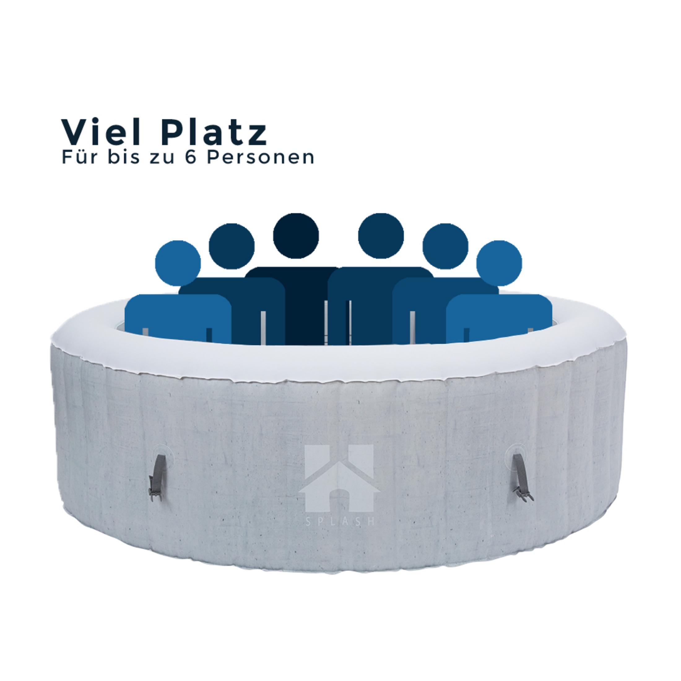 Aufblasbarer Whirlpool mit 6 blauen Personensymbolen und Text.