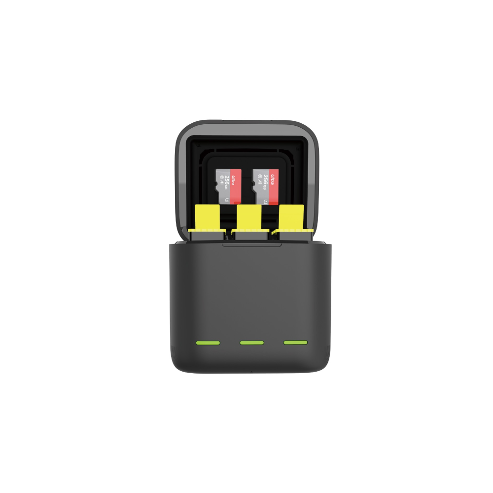 Un étui de chargement noir avec trois emplacements pour cartes mémoire et des voyants verts.