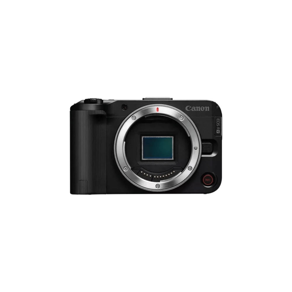 Zwarte Canon EOS R camera met zilveren lensvatting en zichtbare sensor.