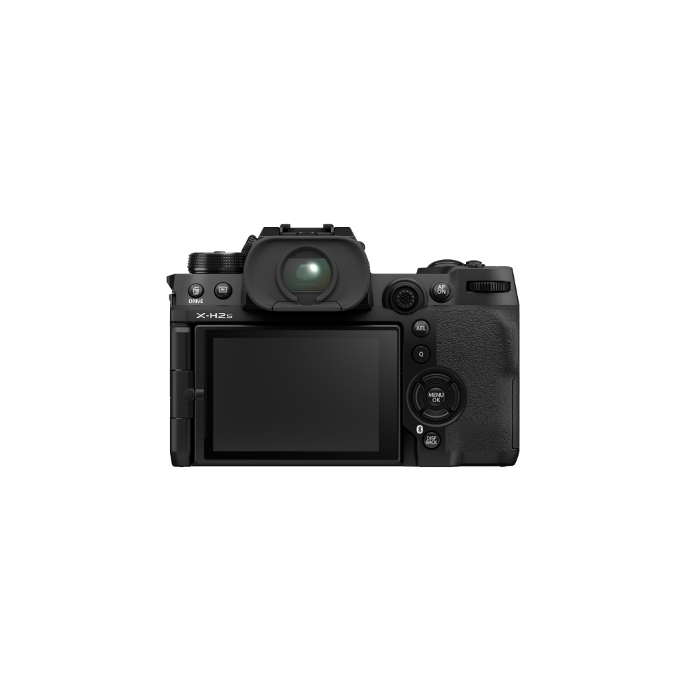 Achterkant van een zwarte Fujifilm X-H2S camera met uitklapscherm en zoeker.