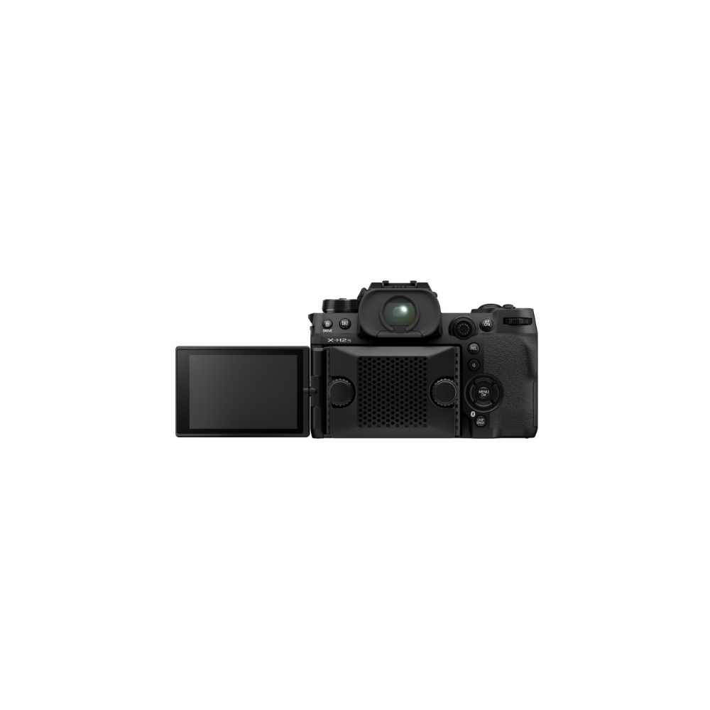 Achterkant van een zwarte digitale camera met uitklapscherm en bedieningsknoppen.