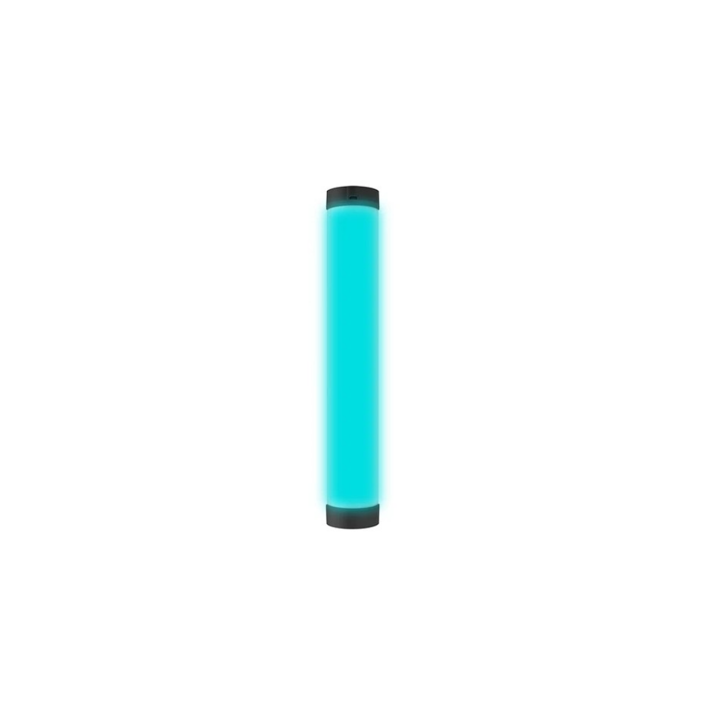 A glowing blue rod with black end caps on a white background.
