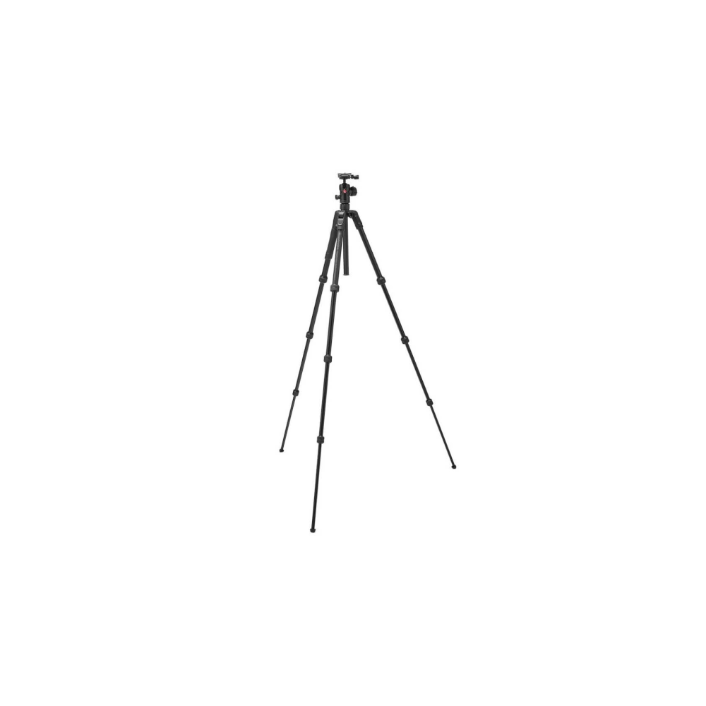 Een zwart statief met drie poten en een camera erop staat op een witte achtergrond.