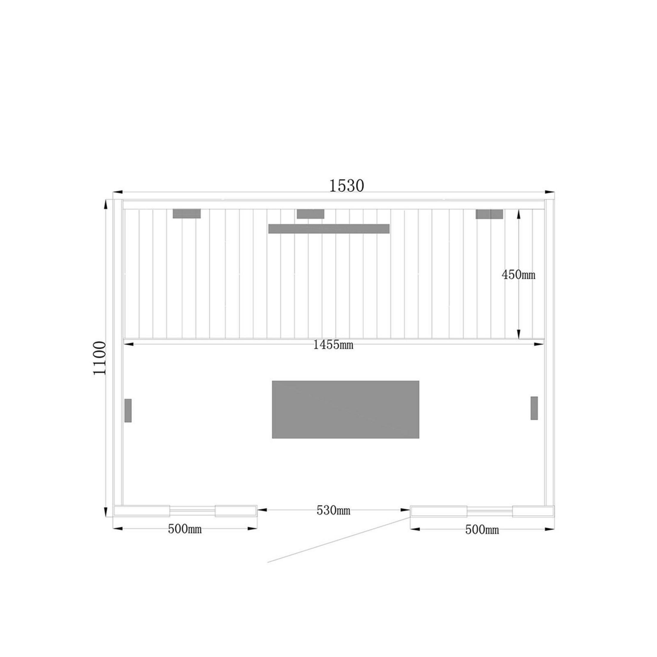 Grundriss einer Sauna mit Maßen: 1530x1100mm. Ein rechteckiger Bereich ist in der Mitte.