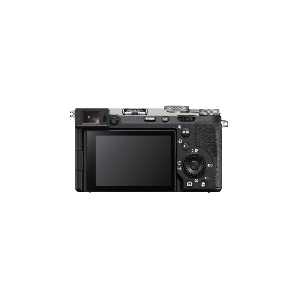 Vista posteriore di una fotocamera digitale nera con schermo, pulsanti e ghiere.