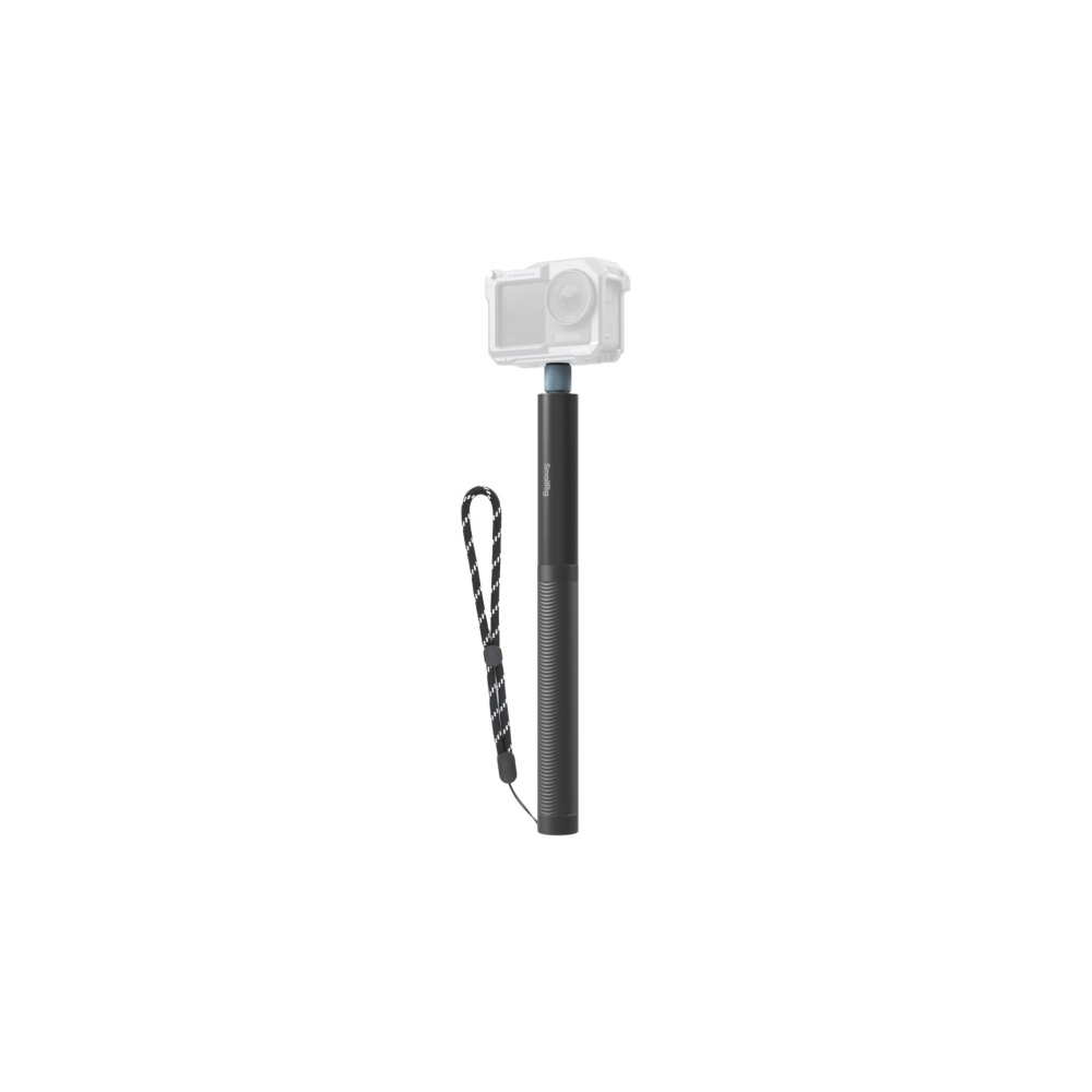 Un selfie stick nero con supporto per fotocamera e cinturino da polso.