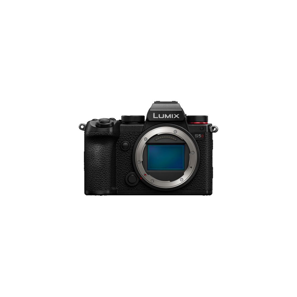 A black Lumix S5II camera with a blue sensor, on a white background.