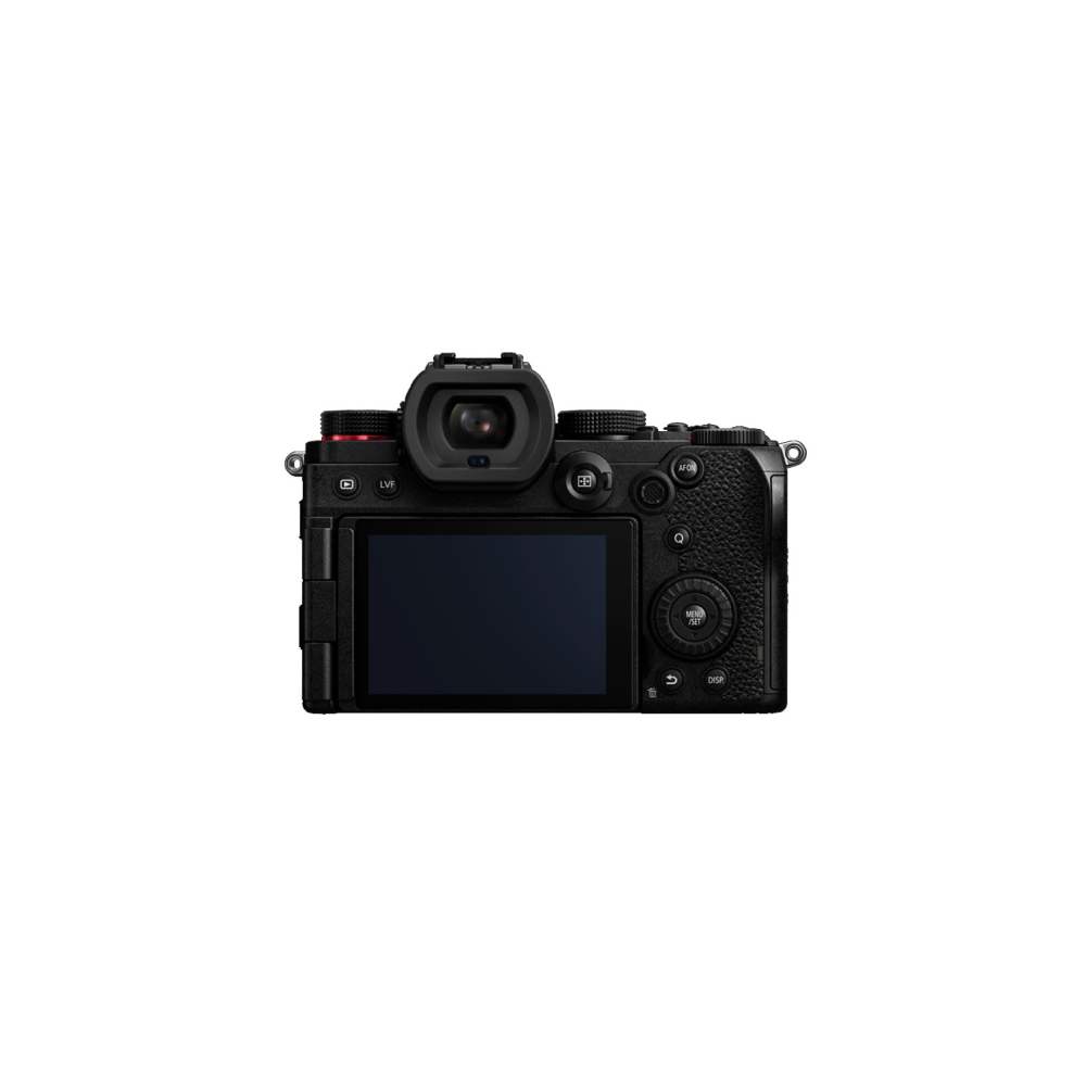 Rear view of a black digital camera with screen and viewfinder.