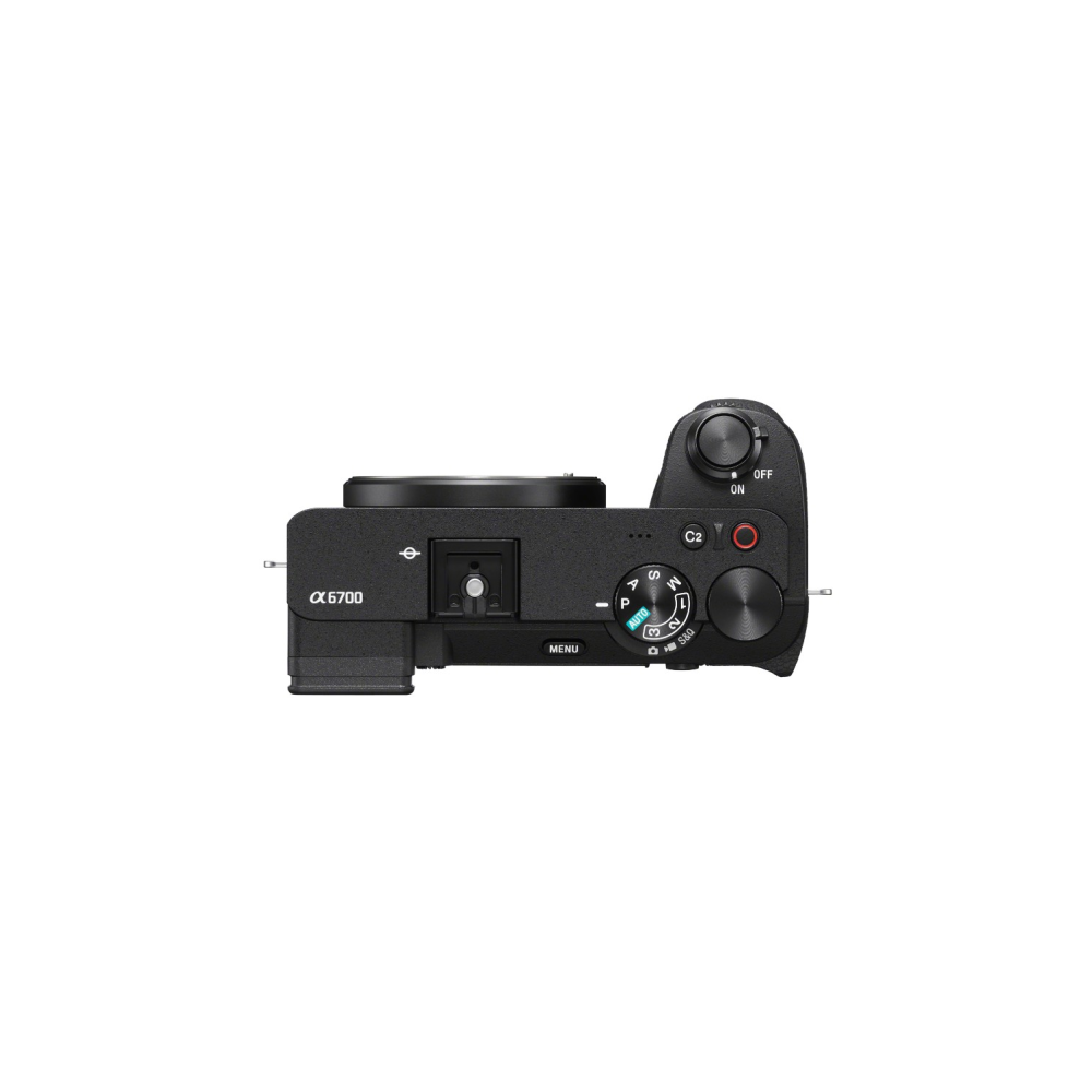 Top view of a black Sony Alpha 6700 camera, showing buttons and dials.