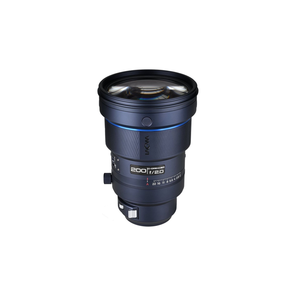 A dark blue lens with 200 f/2.0 marking and focus/aperture rings.