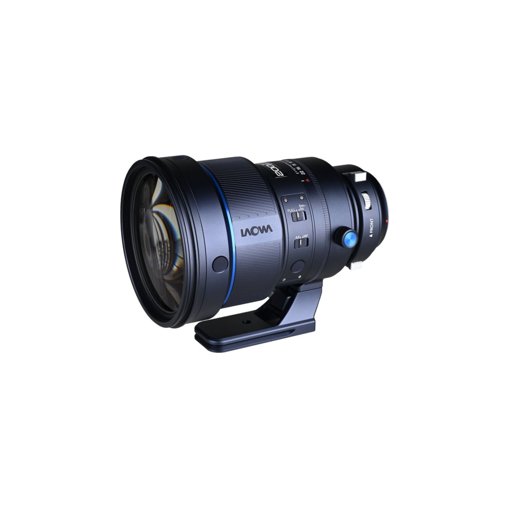 A black camera lens with blue accents and a tripod mount.