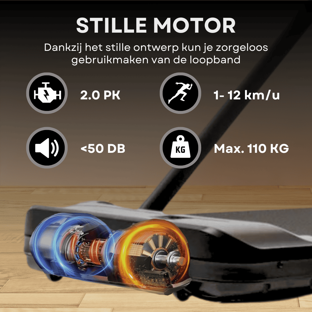Loopband met 2.0 PK, 1-12 km/u, <lt/>50 DB, max. 110 KG. Stille motor.