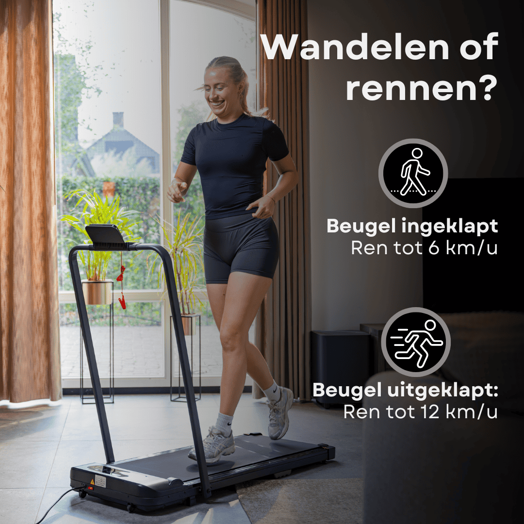 Vrouw loopt op loopband. Handgreep ingeklapt: tot 6 km/u. Handgreep uitgeklapt: tot 12 km/u.