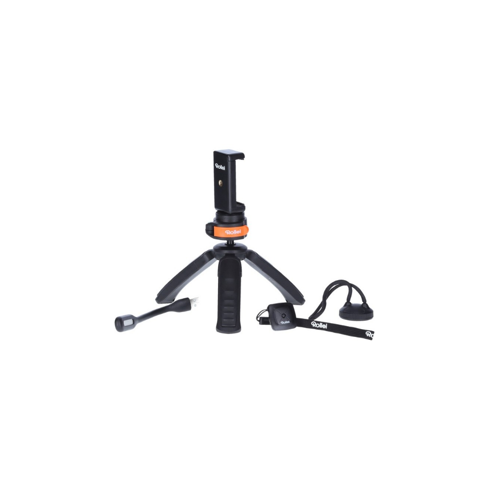 A black Rollei tripod with phone mount, remote, and cable on a white background.