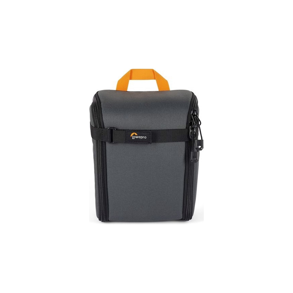 A gray Lowepro camera bag with an orange handle and a black strap.