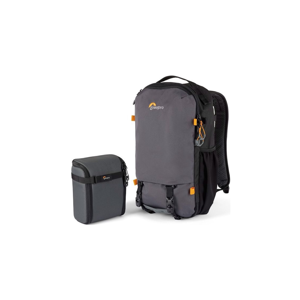 Gray backpack with black base and orange accents, next to a gray bag.