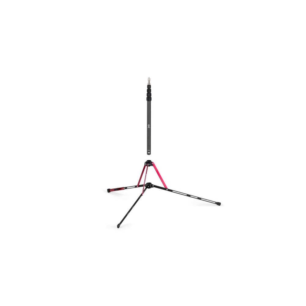 Een zwarte telescopische paal rust op een rood en zwart statief.