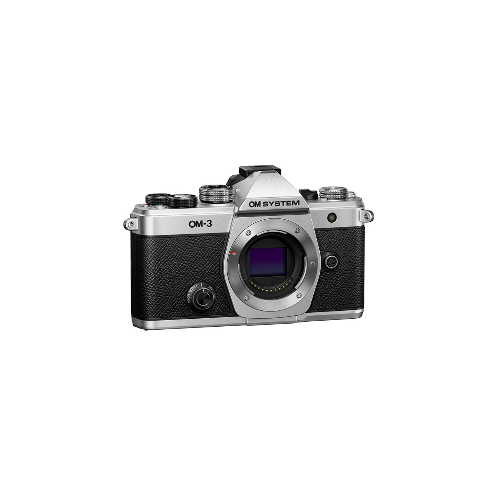 Zilveren OM-3 camera met zwart lederen grip en lensvatting.